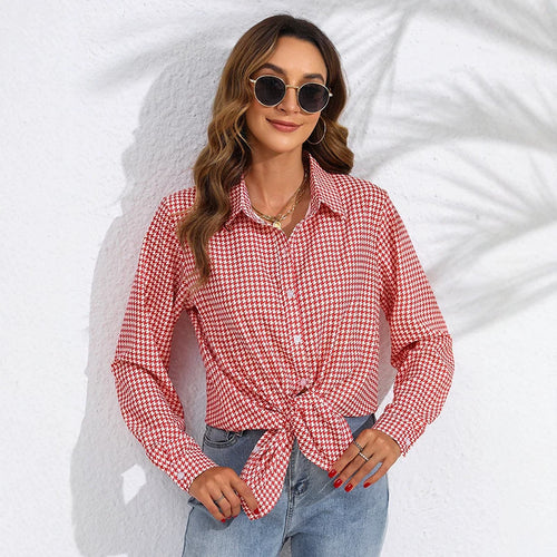 Damen nan geknotete Hahnentritt-Bluse mit Hemdkragen und durchgehender Knopfleiste Drune