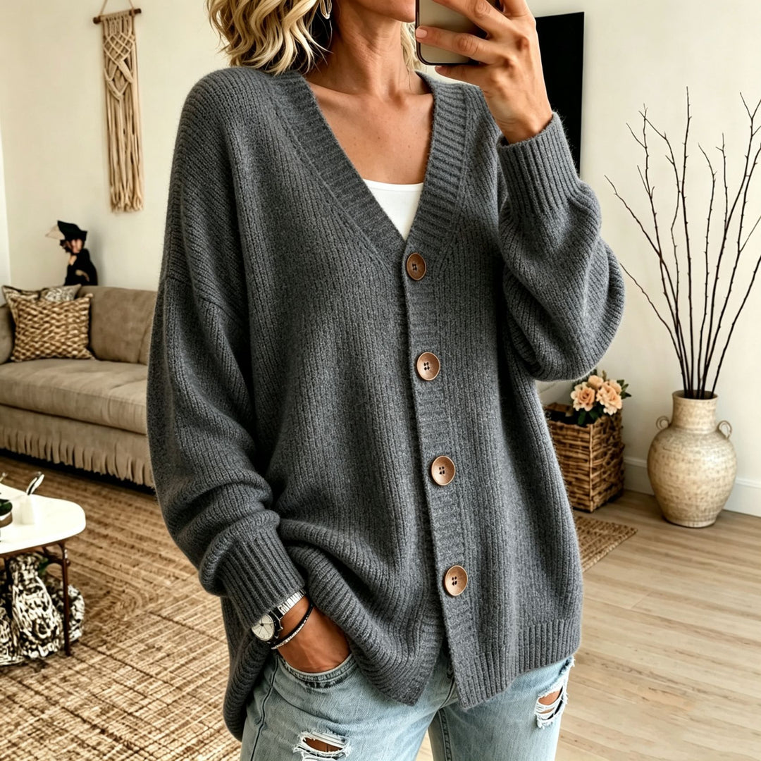 Damen Lockerer Longline-Cardigan mit tiefem V-Ausschnitt und Holzknöpfen Drune
