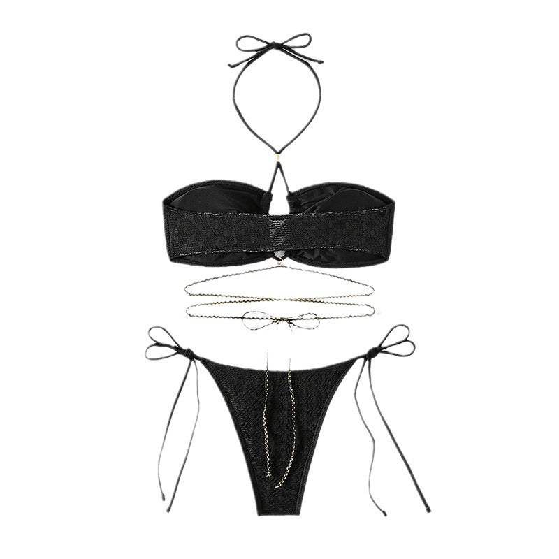 Damen Bandeau-Bikini mit dekorativem Kettenakzent und verstellbaren Bindebändern Drune
