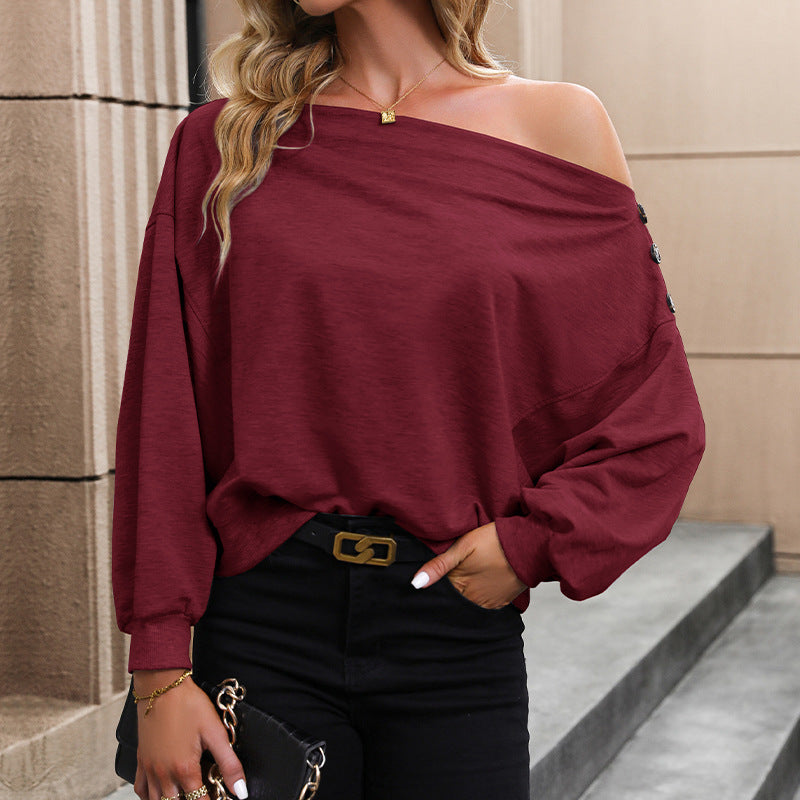 Damen Oversize Off-Shoulder Sweatshirt mit Zierknopfleiste und Ballonärmeln Drune