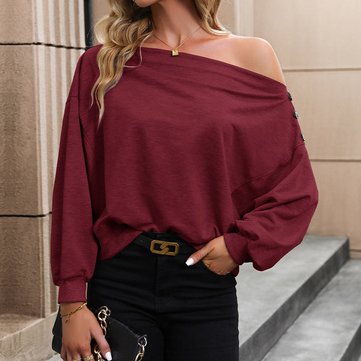 Damen Oversize Off-Shoulder Sweatshirt mit Zierknopfleiste und Ballonärmeln Drune