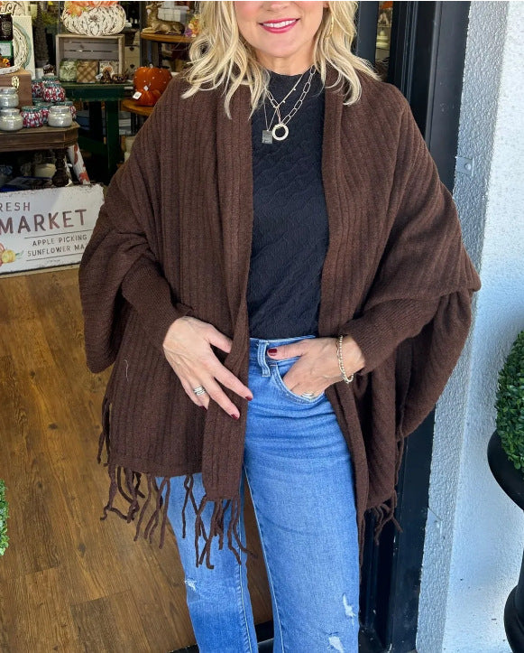 Damen vielseitiger Poncho mit Fransen Drune