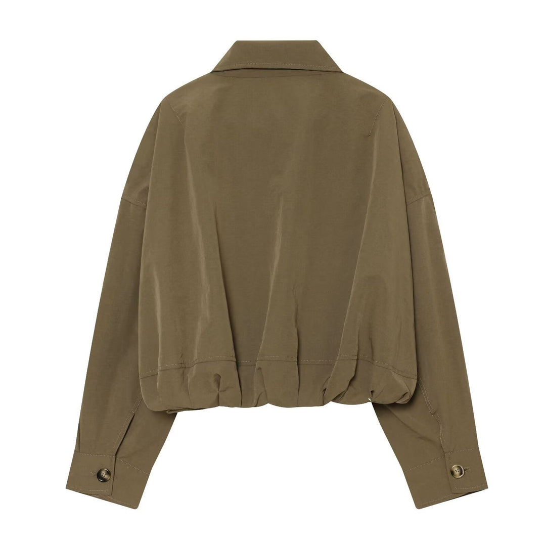 Damen Cropped Boxy-Utility-Jacke mit Reißverschluss und Tunnelzugsaum Drune