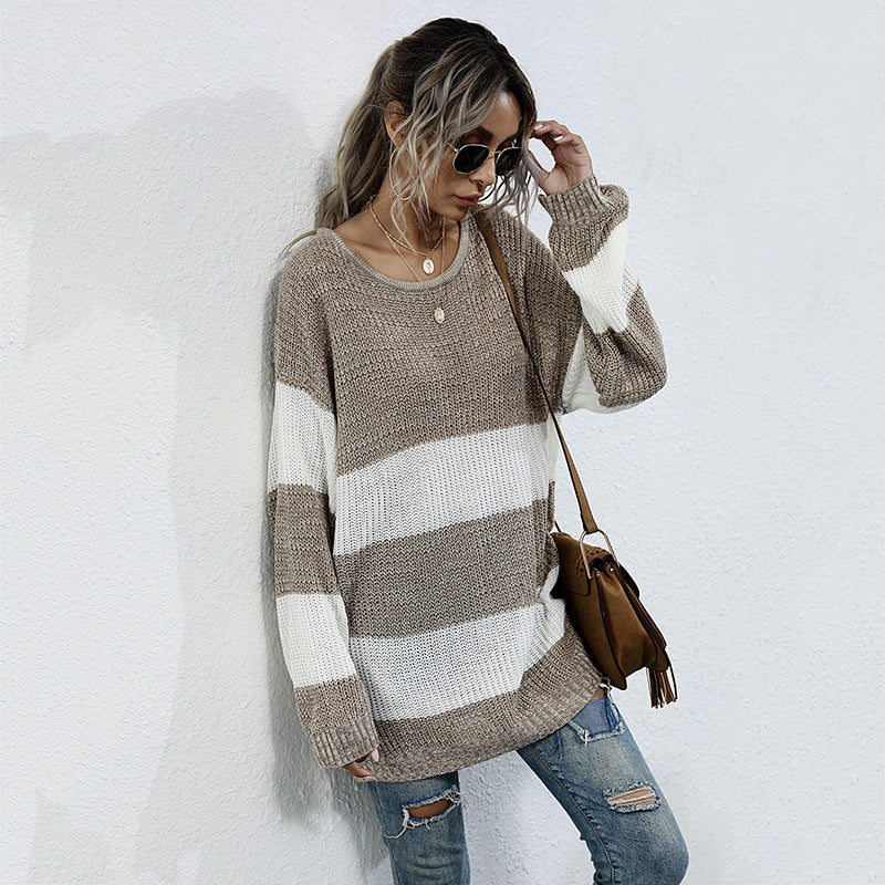 Damen Langer Oversize-Strickpullover mit breiten Blockstreifen und überschnittener Schulter Drune