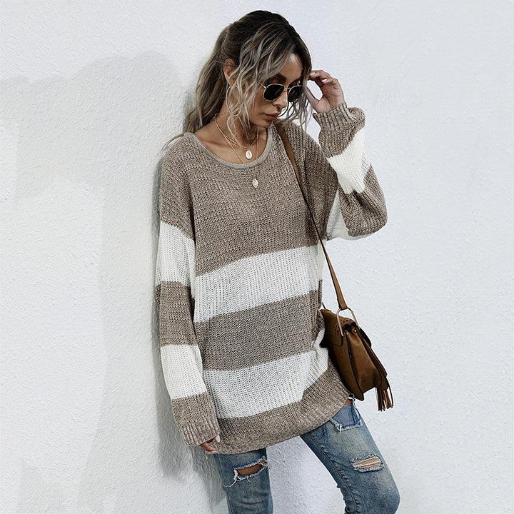 Damen Langer Oversize-Strickpullover mit breiten Blockstreifen und überschnittener Schulter Drune