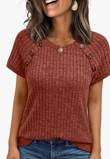 Damen lässiges Rippenstrick-T-Shirt mit Knöpfen Drune