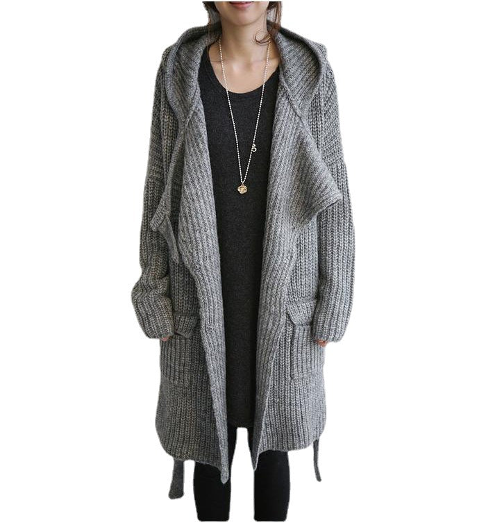 Damen Grober Strickmantel mit praktischen Taschen und modischem Gürtel Drune