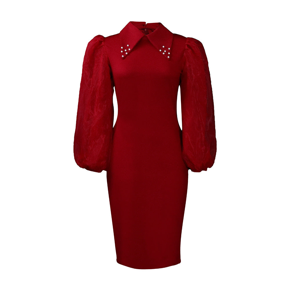 Damen Etuikleid mit Puffärmeln und eleganter Kragenverzierung Drune