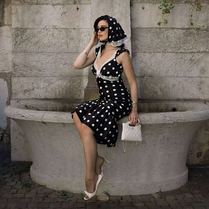 Damen Figurbetontes Polka-Dot Kleid mit Spitzenapplikation Drune