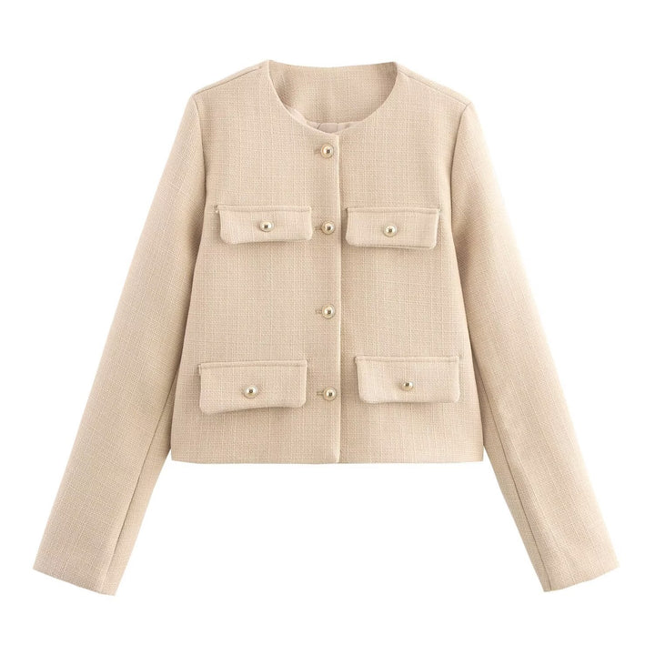 Damen Kurze Bouclé-Blazerjacke mit Rundhalsausschnitt, Zierleistentaschen und goldfarbenen Knöpfen Drune