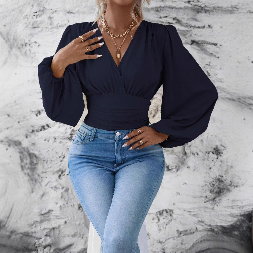 Damen Wickel-Cropped-Top mit geraffter Taillenpartie und weiten Ballonärmeln Drune