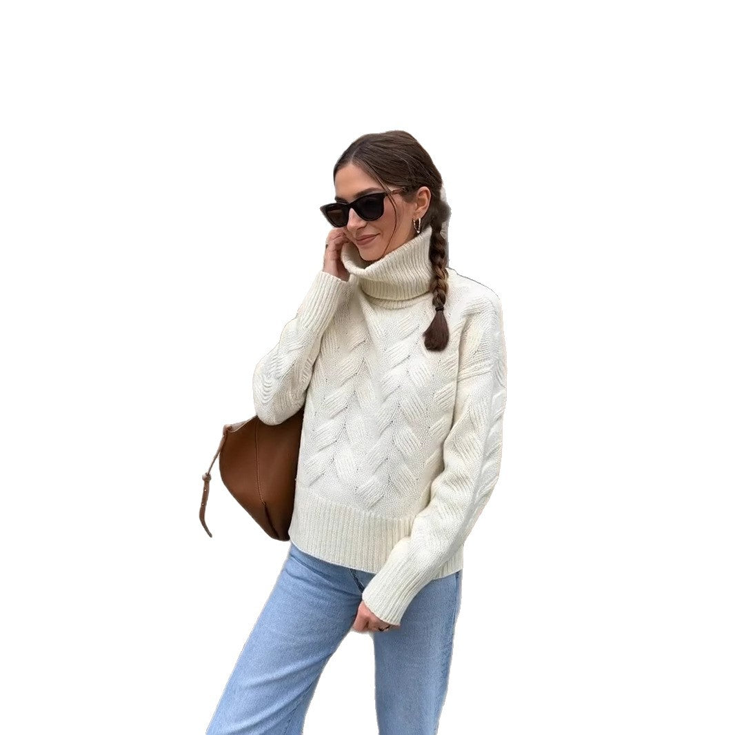 Damen gemütlicher Pullover mit hohem Kragen und Kabelstrick Drune