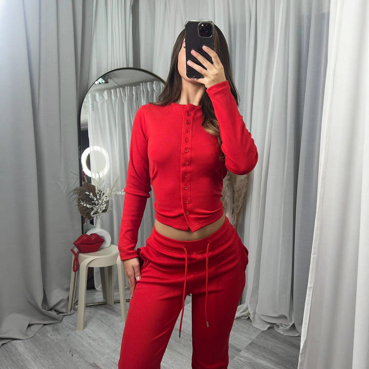 Damen gemütlicher Strickanzug mit Knopfdetails und elegantem Design Drune