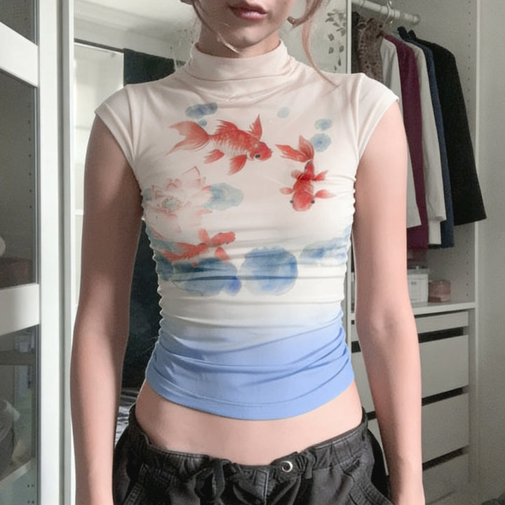 Damen Kurzarmshirt mit floralem Motiv und hochgeschlossenem Kragen Drune