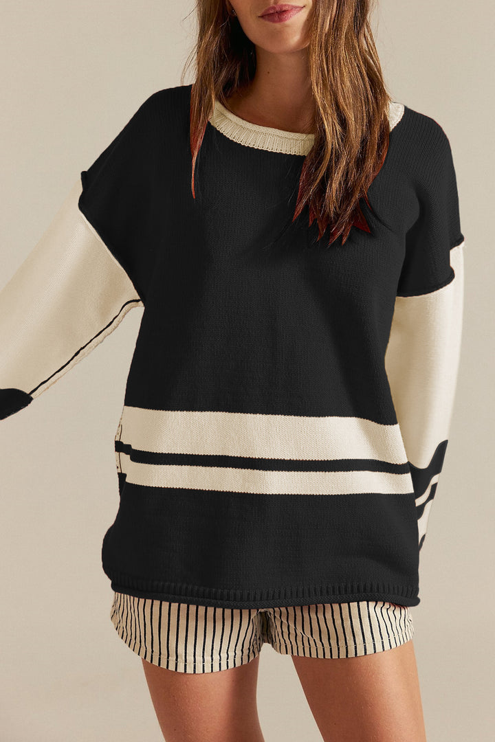 Damen lässiger Sportpullover mit kontrastierenden Ärmel- und Streifenmustern Drune