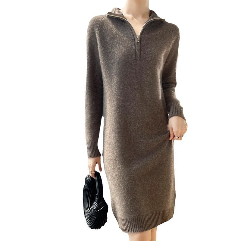 Damen elegantes Strickkleid mit hochgeschlossenem Kragen und Reißverschluss Drune