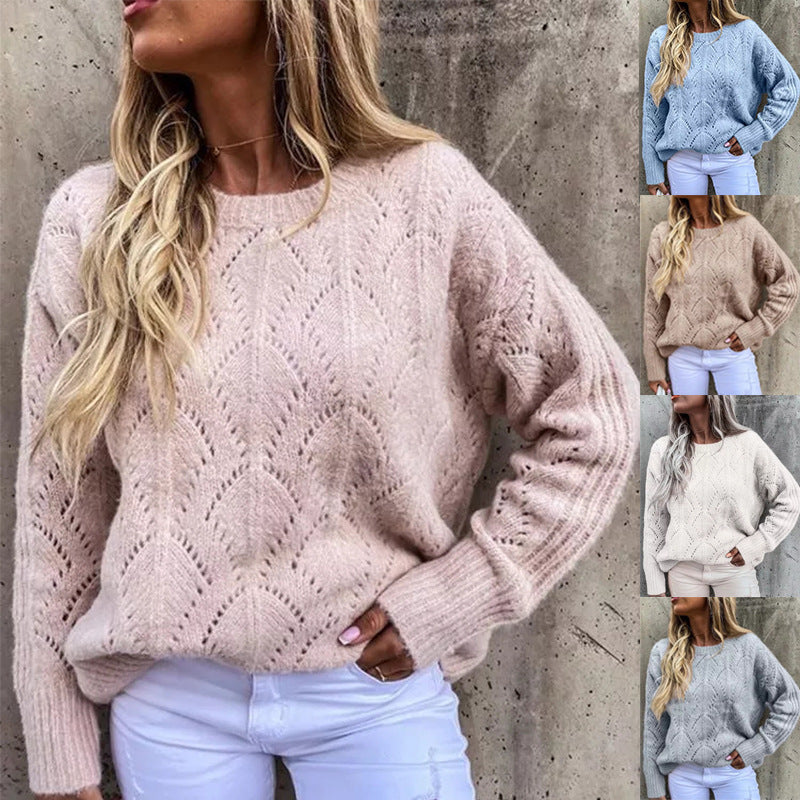 Damen Oversize Ajourstrick-Pullover mit Rundhalsausschnitt Drune