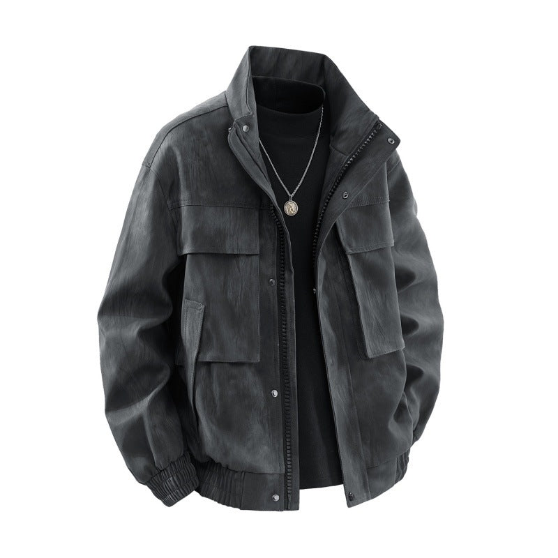 Herren Utility-Harringtonjacke in Lederoptik mit Mehrfachtaschen und elastischem Saum Drune