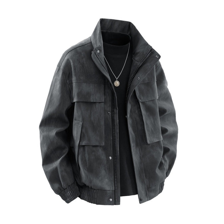 Herren Utility-Harringtonjacke in Lederoptik mit Mehrfachtaschen und elastischem Saum Drune