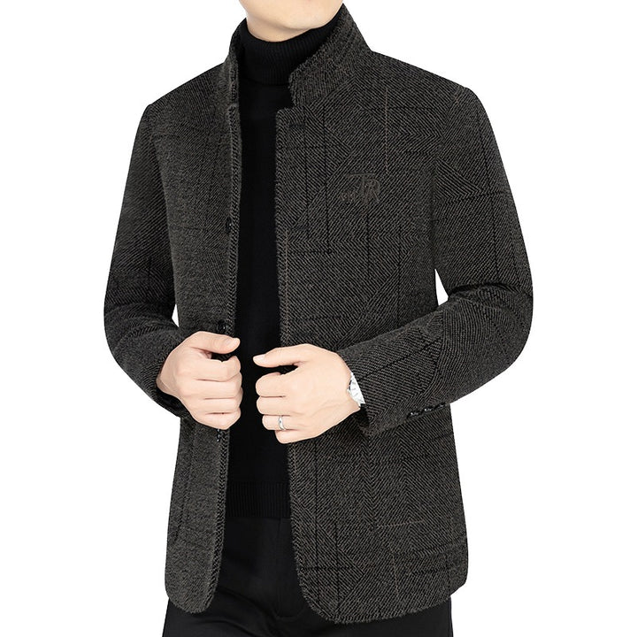 Herren Sakko-Jacke im Blazer-Look mit Stehkragen und Fischgrätstruktur Drune