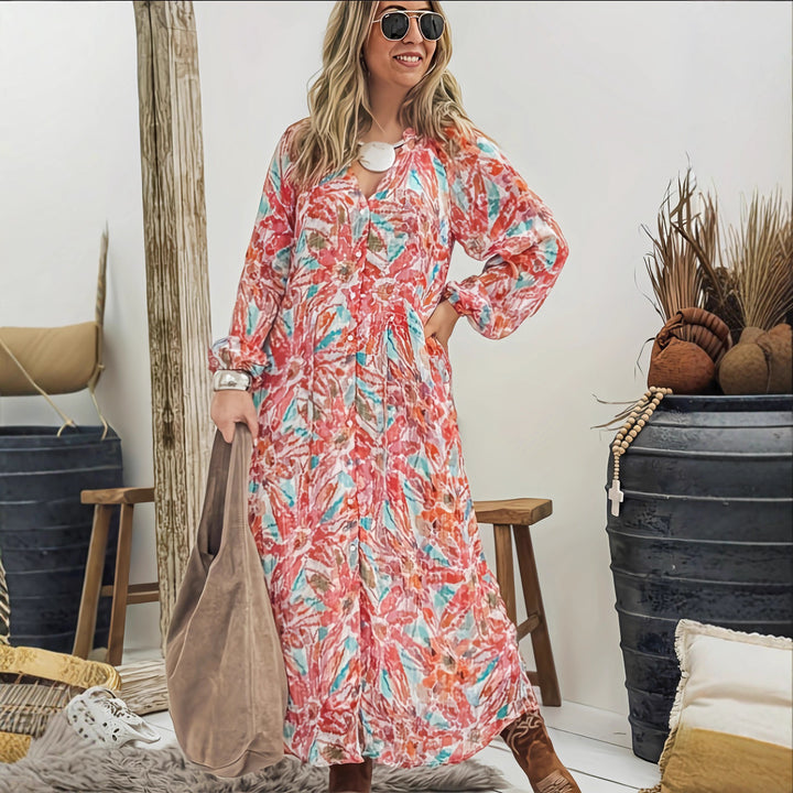 Damen Maxikleid mit buntem Floralprint und leichtem V-Ausschnitt Drune