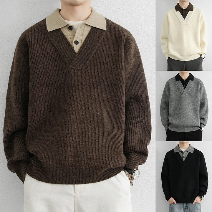 Herren Modischer V-Ausschnitt Pullover mit strukturierten Rippdetails Drune