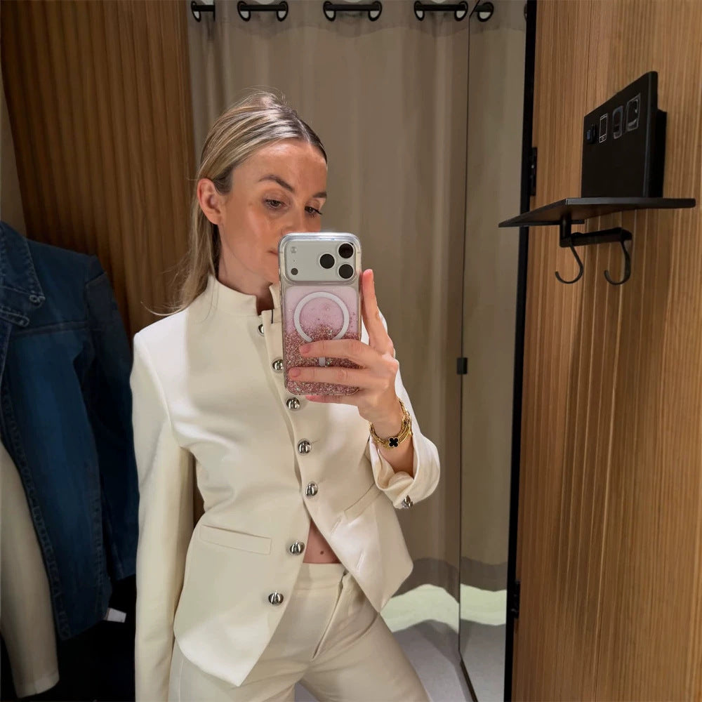 Damen Taillierter Blazer mit Stehkragen und silbernen Schmuckknöpfen Drune