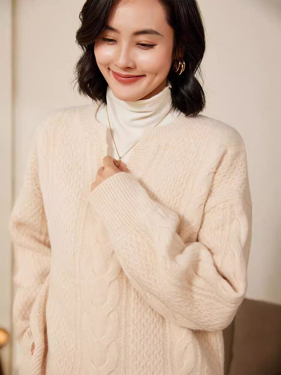 Damen Oversize Zopfstrick-Pullover mit V‑Einsatz und kaschmirähnlicher Weichheit Drune