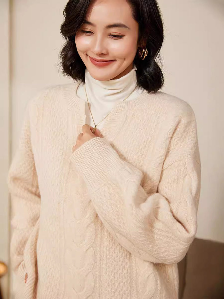 Damen Oversize Zopfstrick-Pullover mit V‑Einsatz und kaschmirähnlicher Weichheit Drune