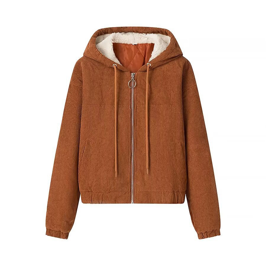 Damen Kurz geschnittene Cordjacke mit Kapuze, Teddyfutter und durchgehendem Reißverschluss Drune