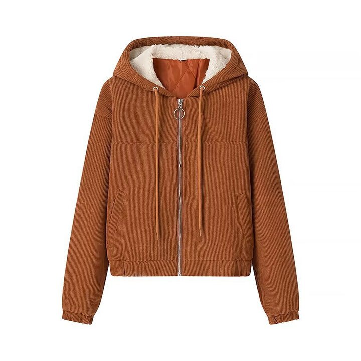 Damen Kurz geschnittene Cordjacke mit Kapuze, Teddyfutter und durchgehendem Reißverschluss Drune