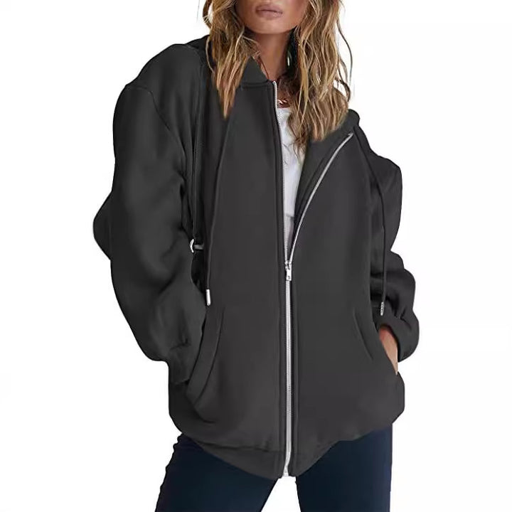 Damen nan oversized Zip-Hoodie mit verlängertem Rückensaum, verdecktem Reißverschluss und Kängurutaschen Drune