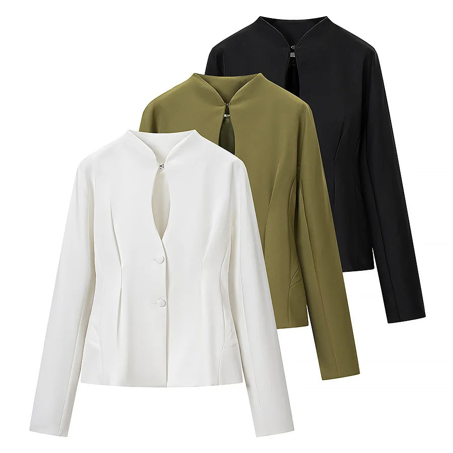 Damen nan taillierter Kurzblazer mit Stehkragen, Cut-Out-Front und verdeckten Ziernähten Drune