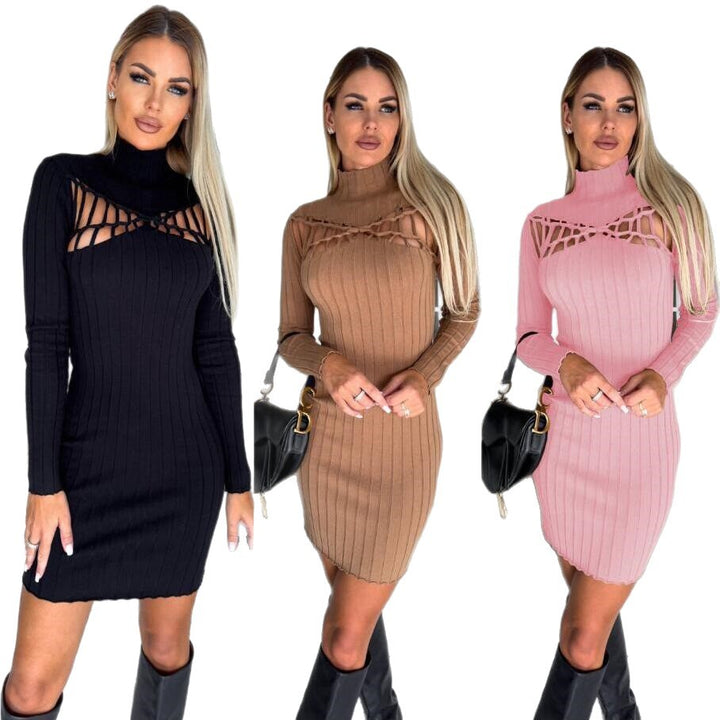Damen figurbetontes Strickkleid mit markantem Ausschnitt Drune