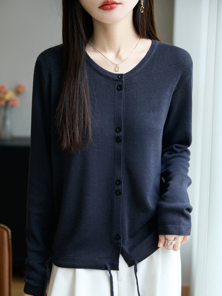 Damen Leichter Feinstrick-Knopfleisten-Cardigan mit Rundhalsausschnitt Drune