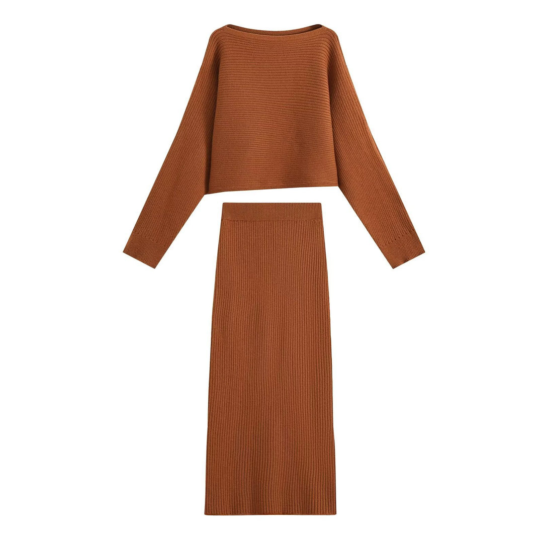 Damen Gerippter Strick-Zweiteiler mit kurzem Bateau-Pullover und tailliertem Midirock Drune