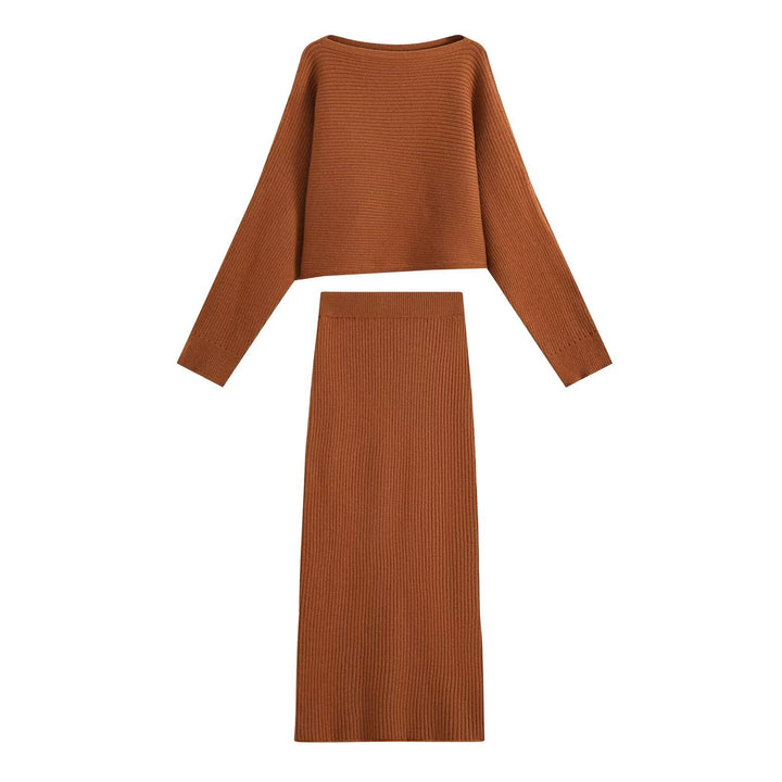 Damen Gerippter Strick-Zweiteiler mit kurzem Bateau-Pullover und tailliertem Midirock Drune