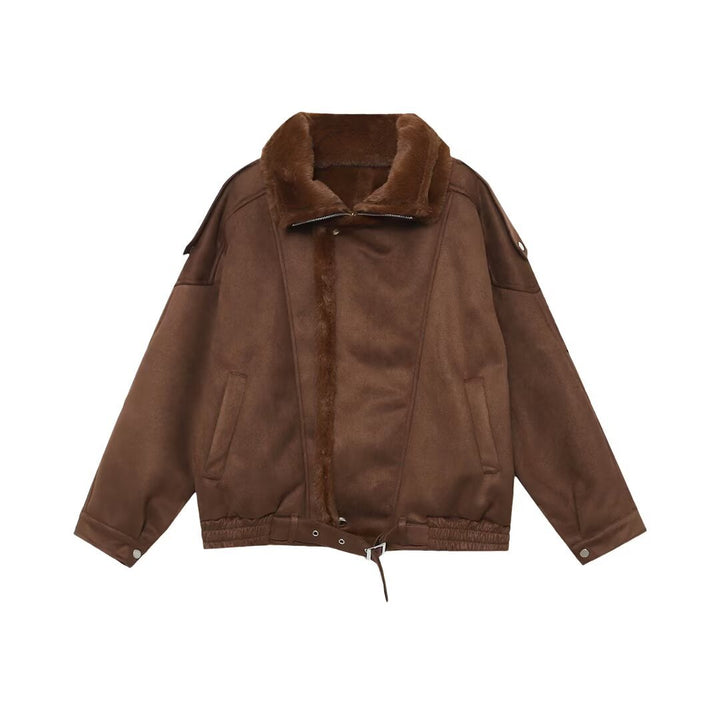 Damen Oversized Aviator-Jacke mit Teddyfutter, Stehkragen und Taillenriegel Drune
