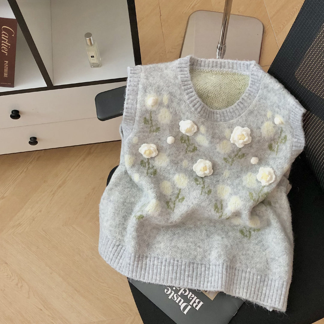 Damen Modischer Strickpullover mit Blumenapplikationen Drune