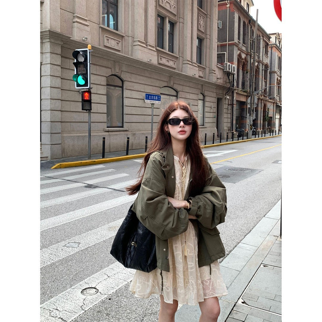 Damen Oversize Utility-Jacke mit Ballonärmeln und Kordelzug Drune