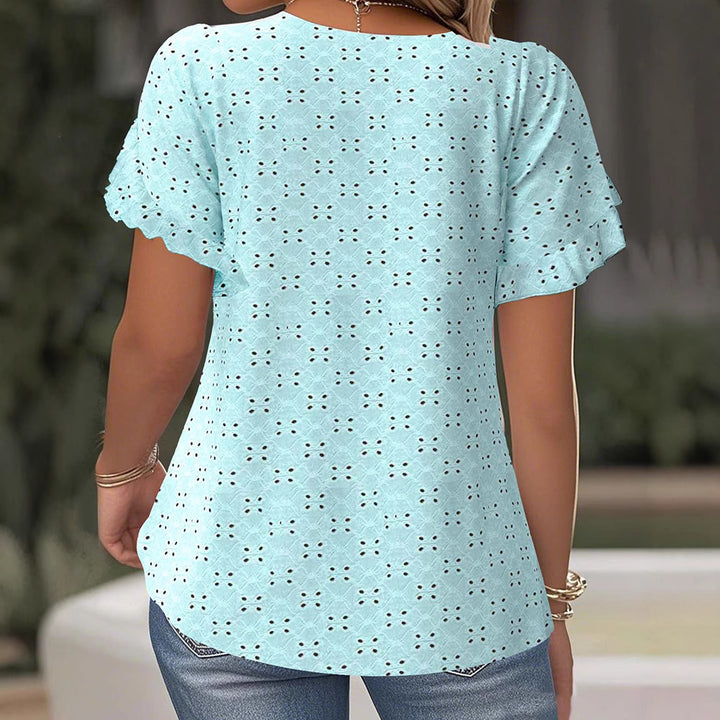 Damen nan Broderie-Anglaise-Bluse mit doppeltem Volantärmel und legerer Hüftlänge Drune