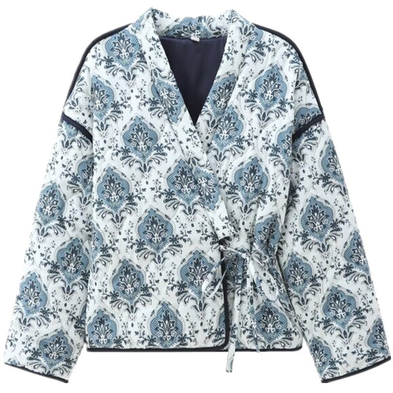 Damen elegante Jacquard-Jacke mit Bindegürtel und luxuriösem Muster Drune