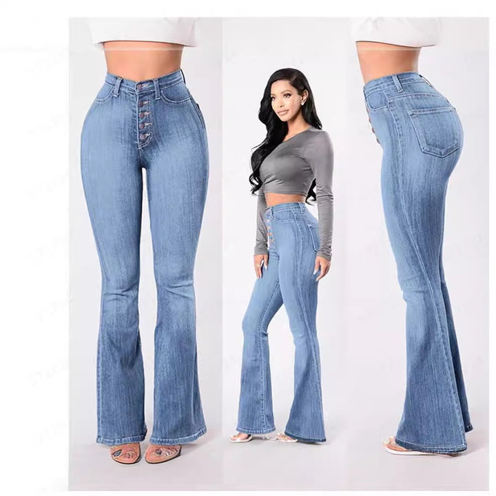 Damen nan hochgeschnittene Bootcut-Jeans mit sichtbarer Knopfleiste, figurformendem Stretch und schlankem Oberschenkel Drune