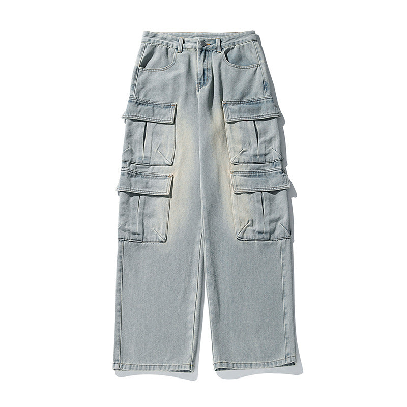 Unisex weite Cargo-Jeanshose mit hoher Taille, mehreren Klappentaschen und geradem Bein Drune