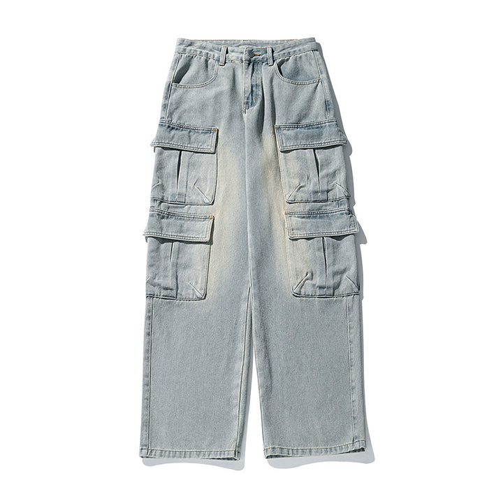Damen High‑Waist Cargo-Jeanshose mit großen Klappentaschen und geradem Bein Drune