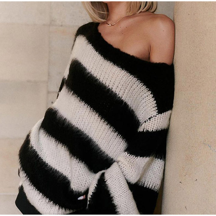 Damen Oversized Strickpullover mit breiten Streifen Drune