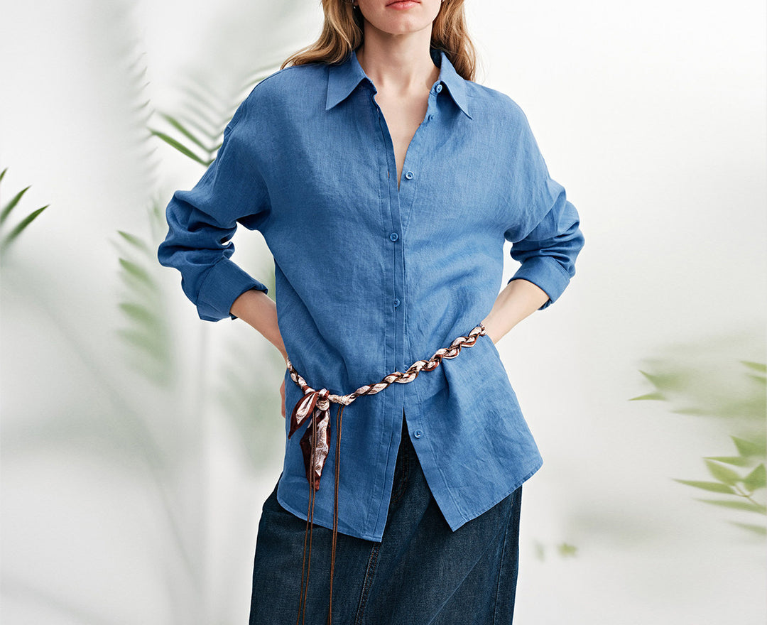 Damen Modische Leinenbluse mit langen Ärmeln Drune