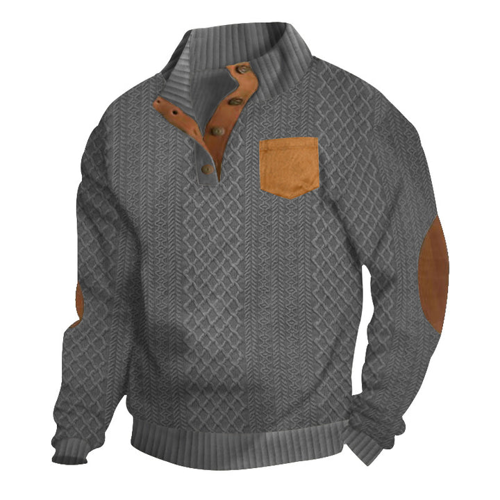 Herren Strukturiertes Kabelstrick-Sweatshirt mit Halbknopfblende, Kunstleder‑Patchtasche & Ellbogenpatches Drune