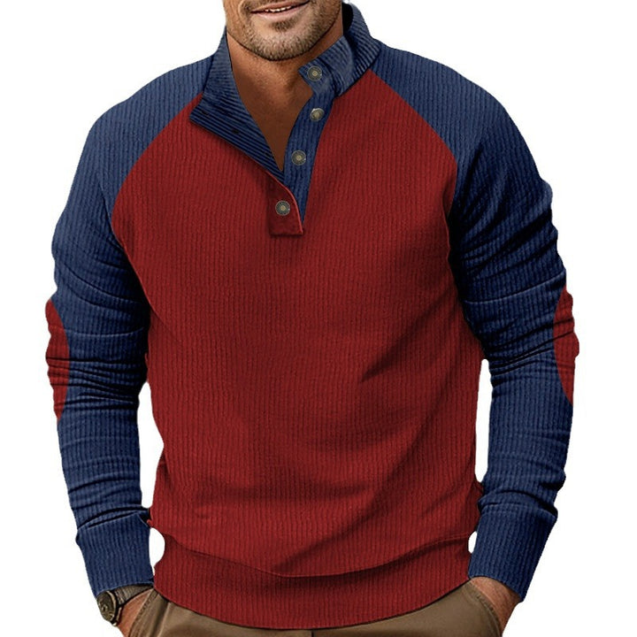 Herren nan rustikaler Raglan-Strickpullover mit Kurzknopfleiste und Veloursbesatz Drune