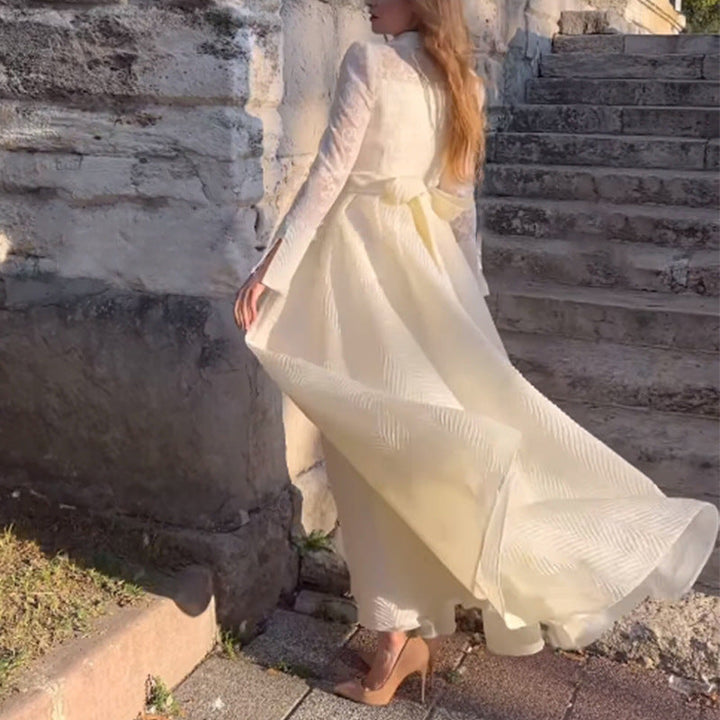 Damen Elegantes Maxikleid mit Spitzenärmeln und Taillengürtel Drune